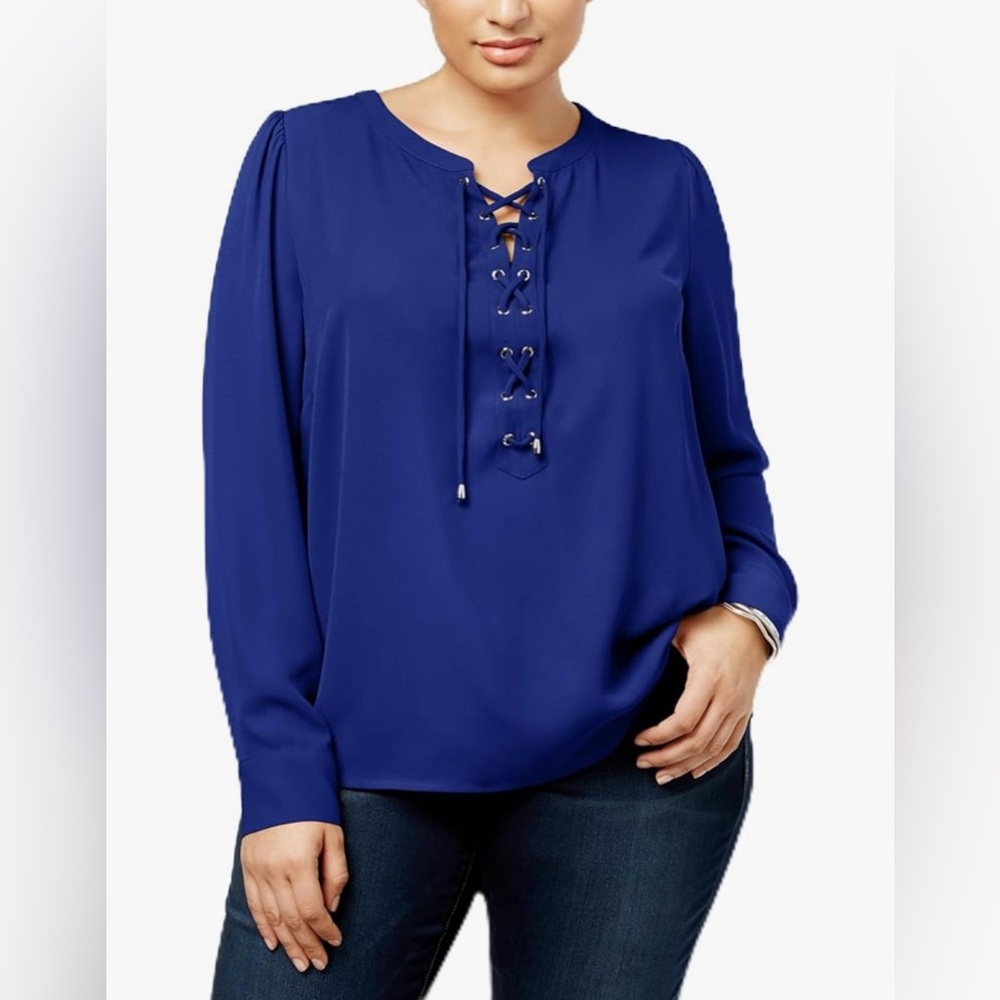 NWT INC International Concepts Royal Blue Lace-Up Blouse XL Long Sleeve Top